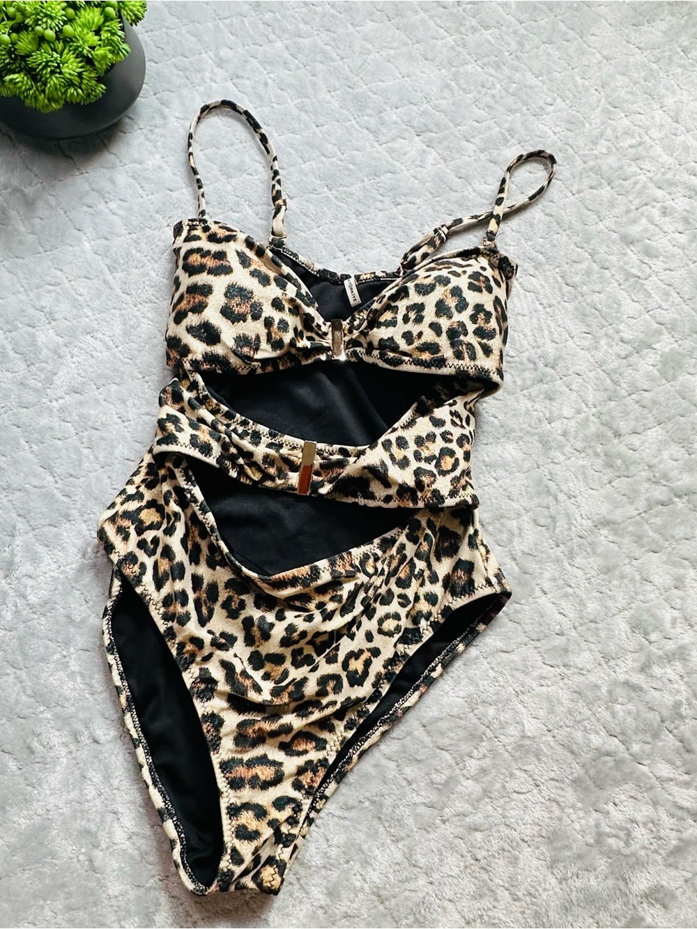 Leopard Print Cutout One Piece Swimsuit Tan Black Strappy Y2K Glam